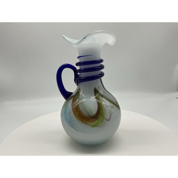 Murano Style Hand Blown Glass Pitcher With Cobalt Blue Rope And Handle Vintage - Picture 5 of 16